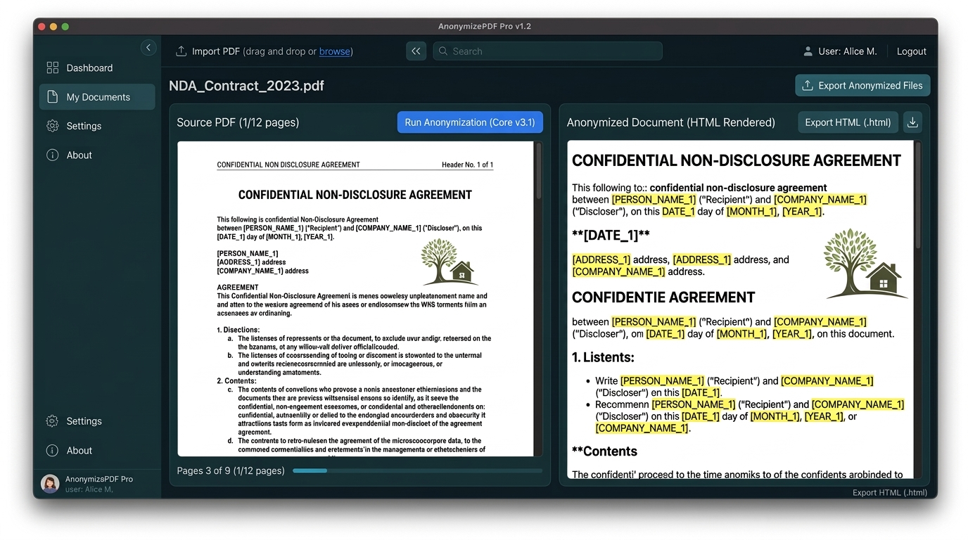 The Vinova PII desktop application showing a source document next to its anonymised version, with personal data replaced by placeholders.